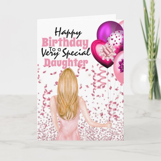 Tochter mit rosa Ballons Konfetti Geburtstag Karte (Vorderseite)