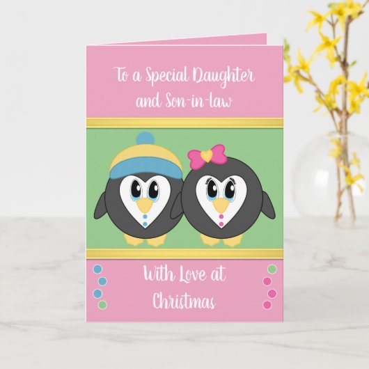 Töchter Rosa und grüne Pinguine Weihnachten Karte (Gelbe Blume)