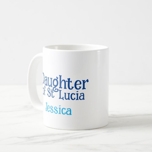Tochter von St. Lucia | Anthem Phrase Blue Text Kaffeetasse (Vorderseite Links)