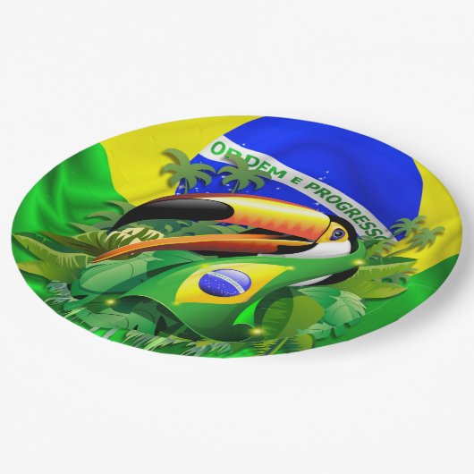 Toco Toucan mit brasilianischer Flagge Pappteller (Schrägansicht)