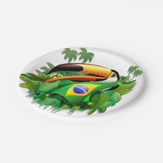 Toco Toucan mit brasilianischer Flagge Pappteller (Schrägansicht)