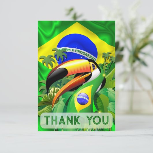 Toco Toucan mit Brasilien Flag Krawatte Dankeskarte (Stehend Vorderseite)