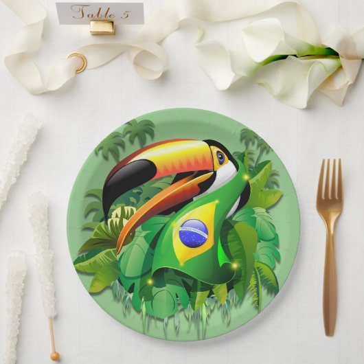Toco Toucan mit Brasilien Flag Krawatte Pappteller (Hochzeit)
