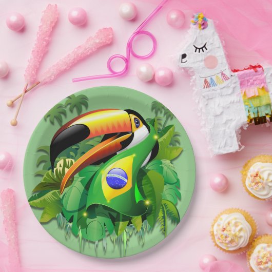 Toco Toucan mit Brasilien Flag Krawatte Pappteller (Party)