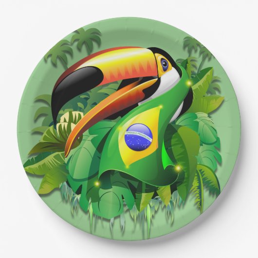 Toco Toucan mit Brasilien Flag Krawatte Pappteller (Vorderseite)
