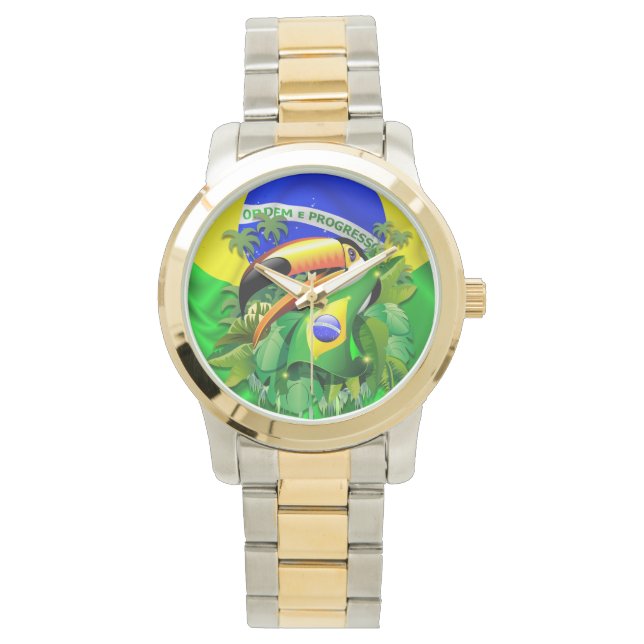 Toco Toucan mit Brasilien Flag Watch Armbanduhr (Vorderseite)