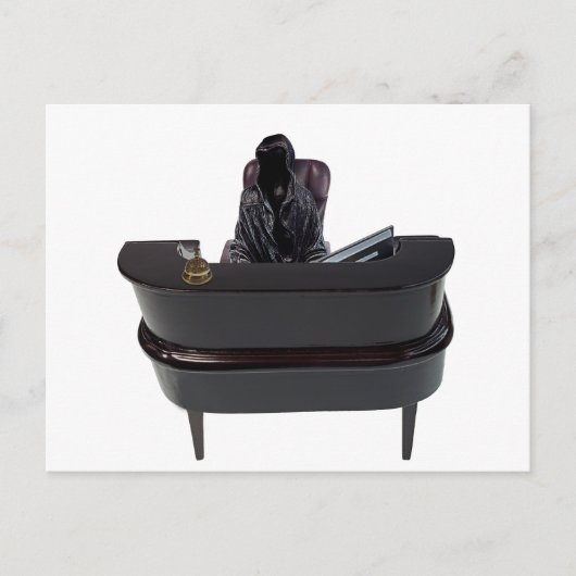 Tod an einem Service-Empfang-Schreibtisch mit Comp Postkarte (Vorderseite)