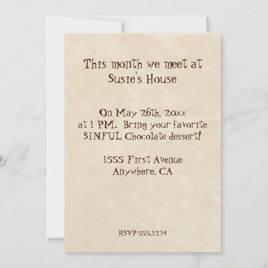 Tod durch Schokolade Bunco Party Einladung (Rückseite)