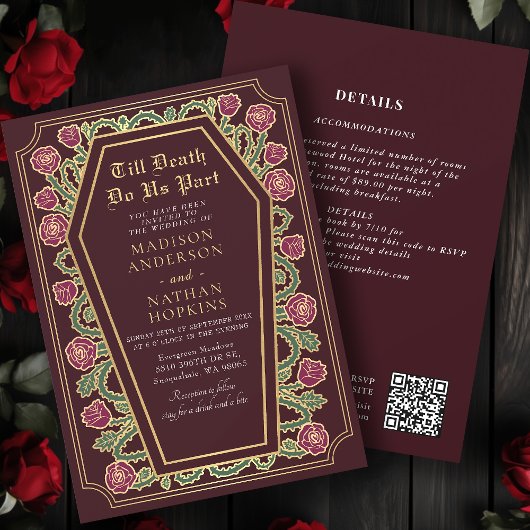 Tod machen uns Teil Gold Red Gothic Wedding QR Cod Einladung