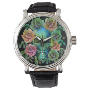 TODESGRÜNER TOTENKOPF MIT BLUMEN ARMBANDUHR