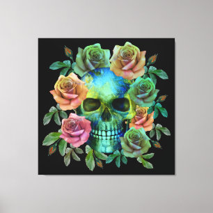 TODESGRÜNER TOTENKOPF MIT BLUMEN LEINWANDDRUCK