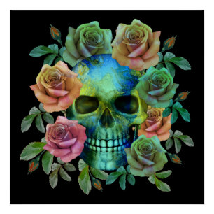 TODESGRÜNER TOTENKOPF MIT BLUMEN POSTER
