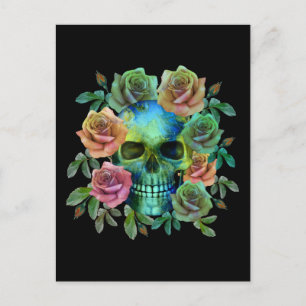 TODESGRÜNER TOTENKOPF MIT BLUMEN POSTKARTE