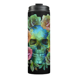 TODESGRÜNER TOTENKOPF MIT BLUMEN THERMOSBECHER