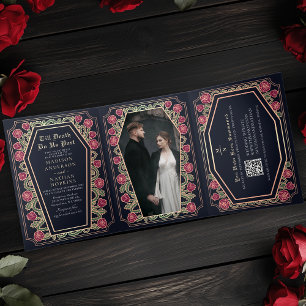 Todeshochzeit-Rose-Blau-Gotische-Hochzeit-QR-Code Dreifach Gefaltete Einladung