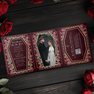 Todeshochzeit-Rot-Gotische-Hochzeit-QR-Code Dreifach Gefaltete Einladung