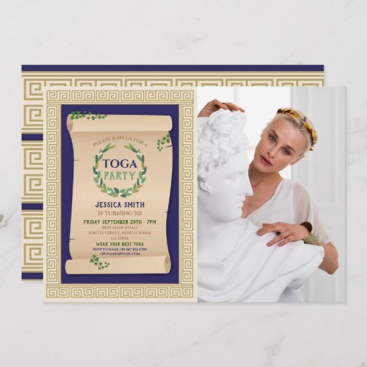 Toga Party Ancient Roman Birthday Ivy Scroll Foto Einladung (Vorne/Hinten)