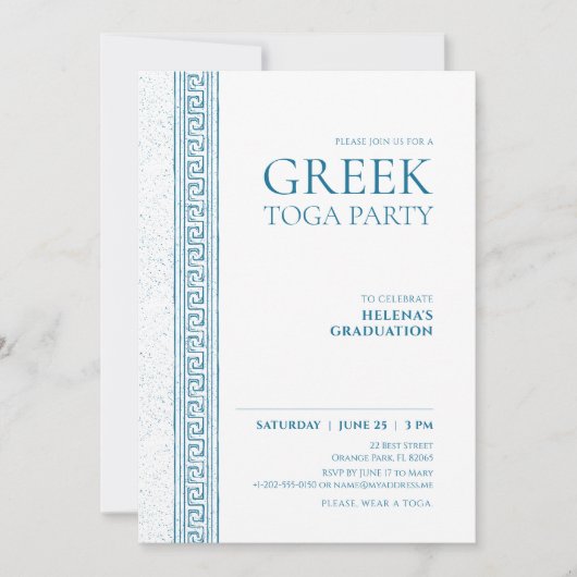 Toga-Party in Blau mit griechischen Steinelementen Einladung (Vorderseite)