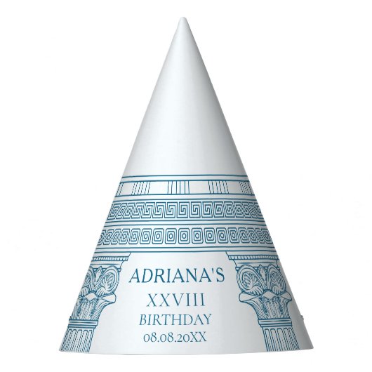 Toga-Party mit blauen Mäander-Mustern und Säulen Partyhütchen (Vorderseite)