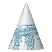 Toga-Party mit blauen Mäander-Mustern und Säulen Partyhütchen (Links)