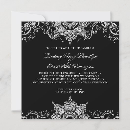 Toile Black n White Damask Swirl Wedding Einladung (Vorderseite)