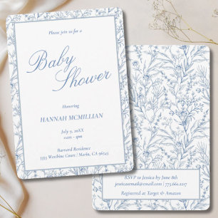 Toile Blue Botanical Line Gezeichnet Babydusche Einladung