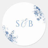 Toile Blue Floral Round Wedding Sticker Initialen (Vorderseite)