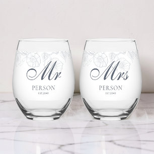 Toile-Blumen Herr Frau Staubblau Hochzeitsandenken Weinglas Ohne Stiel