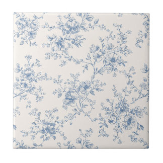 Toile Blumenstrauß Blau Creme Vintage Botanisch  Fliese