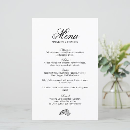 Toile & Calligraphy Wedding Menu (Stehend Vorderseite)