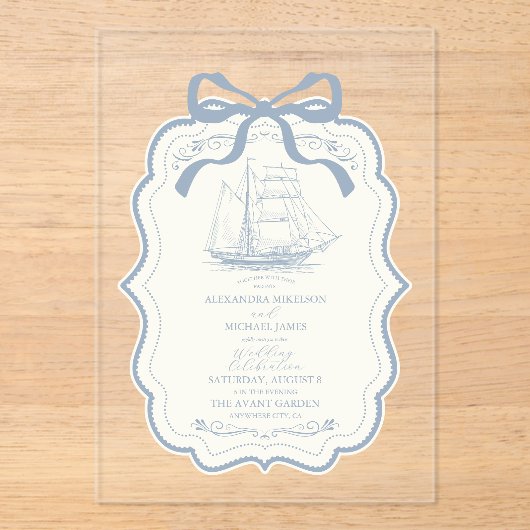 Toile Chic Nautical Bow Wedding Acryleinladungen (Vorderseite)