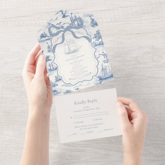 Toile Chic Nautical Bow Wedding All In One Einladung (Abreißen)