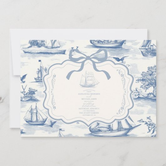 Toile Chic Nautical Bow Wedding Einladung (Vorderseite)