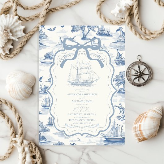 Toile Chic Nautical Bow Wedding Einladung