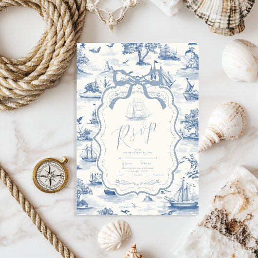 Toile Chic Nautical Bow Wedding RSVP Karte