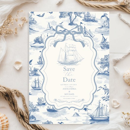 Toile Chic Nautical Bow Wedding Save The Date