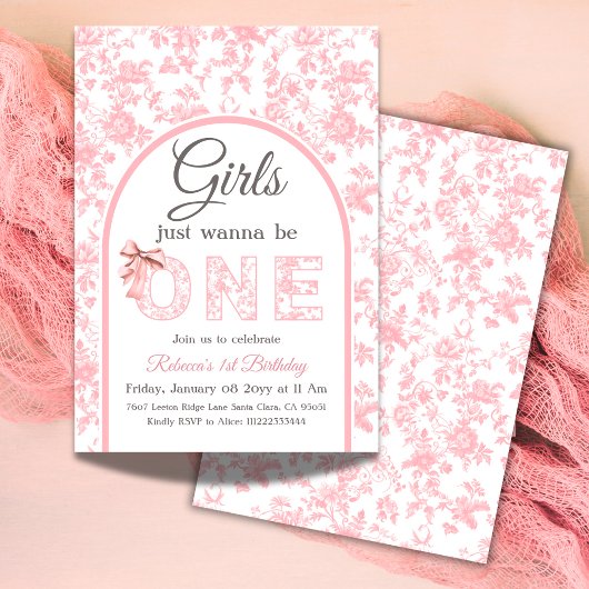 Toile Coquette Pink Bow Girl Erster Geburtstag Einladung