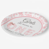 Toile Coquette Pink Bow Girl Erster Geburtstag Pappteller (Schrägansicht)