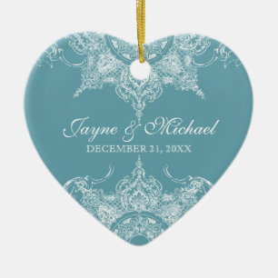 Toile Damask Swirl Erster Weihnachtsschieferblau Keramik Ornament