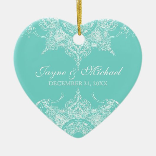 Toile Damask Swirl First Christmas Aqua Blue Keramik Ornament (Vorne)