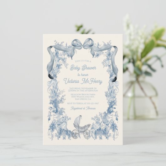 Toile De Joey Floral Bow Baby Dusche Einladung (Stehend Vorderseite)