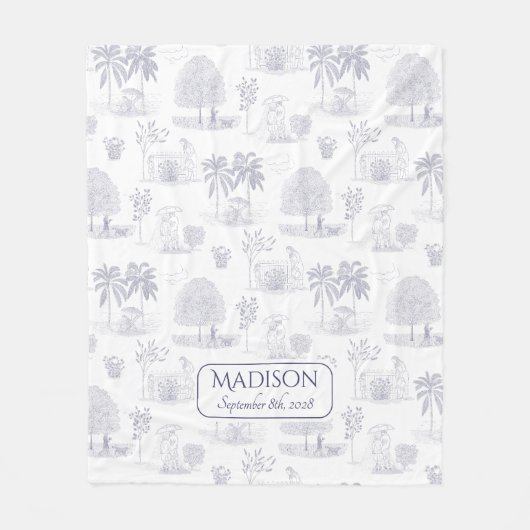 Toile de Jouy Baby Blanket mit Geburtsdatum Fleecedecke (Vorderseite)