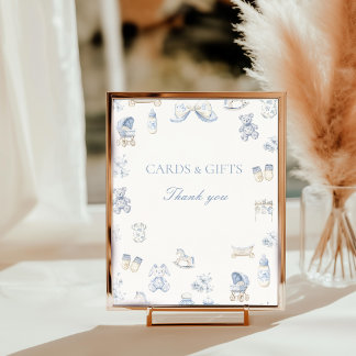 Toile De Jouy Baby Shower Blaues Band Tisch-Schild Fotodruck