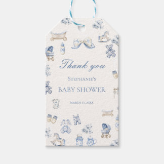 Toile De Jouy Baby Shower Blaues Schleifen Jungen Geschenkanhänger