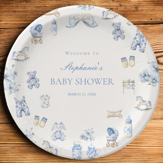 Toile De Jouy Baby Shower Blaues Schleifenjunge Pappteller