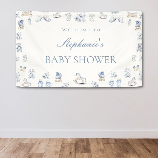 Toile De Jouy Baby Shower Blue Bow Boy Banner