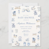 Toile De Jouy Baby Shower Blue Bow Boy Invitation Einladung (Vorderseite)
