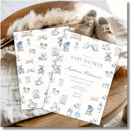 Toile De Jouy Baby Shower Blue Bow Boy Invitation Einladung