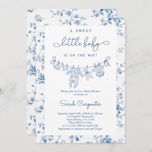 Toile De Jouy Baby Shower Boy Einladung (Vorne/Hinten)