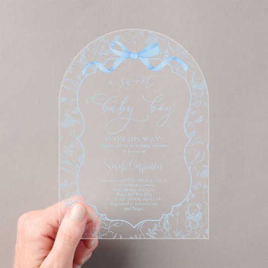 Toile De Jouy Babydusche mit Bow Boy AInvitation Acryleinladungen (Insitu (Handheld))